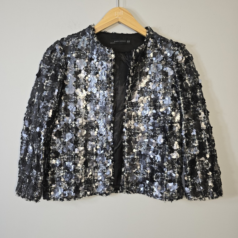 Zara Silver Sequined Tweed Cropped Jacket Open Front 3/4 Sleeve Size XS Sparkle